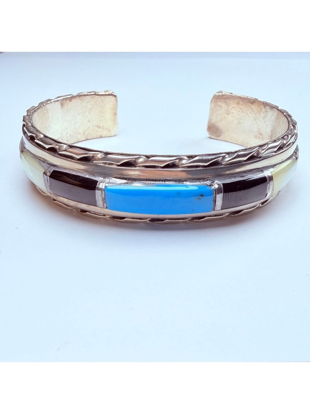 Old Pawn Navajo Heavy Sterling Silver Turquoise Onyx MOP Vintage Cuff Bracelet